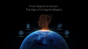 Illustration of a digital human AI agent emerging above Earth, connected to major AI companies such as OpenAI, Anthropic, Meta, and xAI, representing the transition from traditional search to autonomous AI-driven actions.