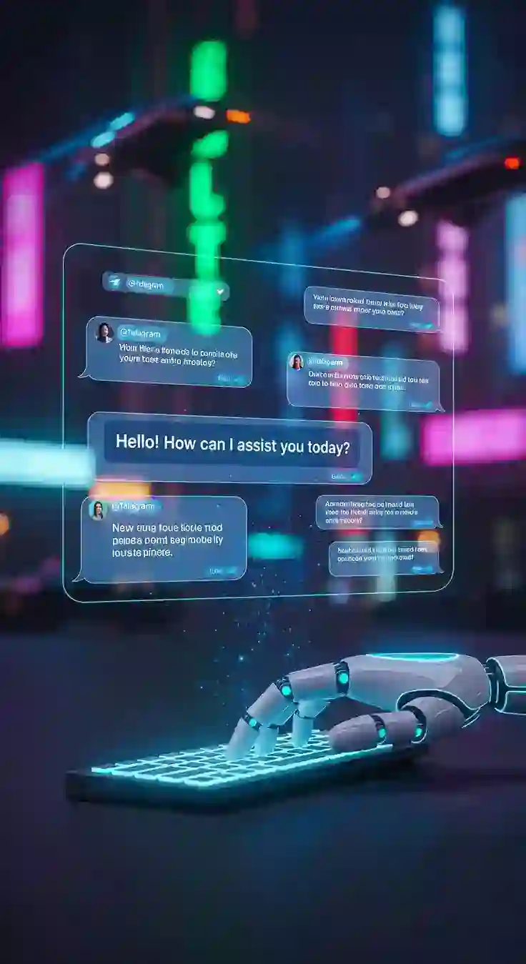 Chandra Purnama hellochandra AI assistant illustration: robotic hand mengetik di keyboard hologram dengan chat interface "Hello! How can I assist you today?" di tengah kota futuristik bercahaya neon, representasi AI conversational search
