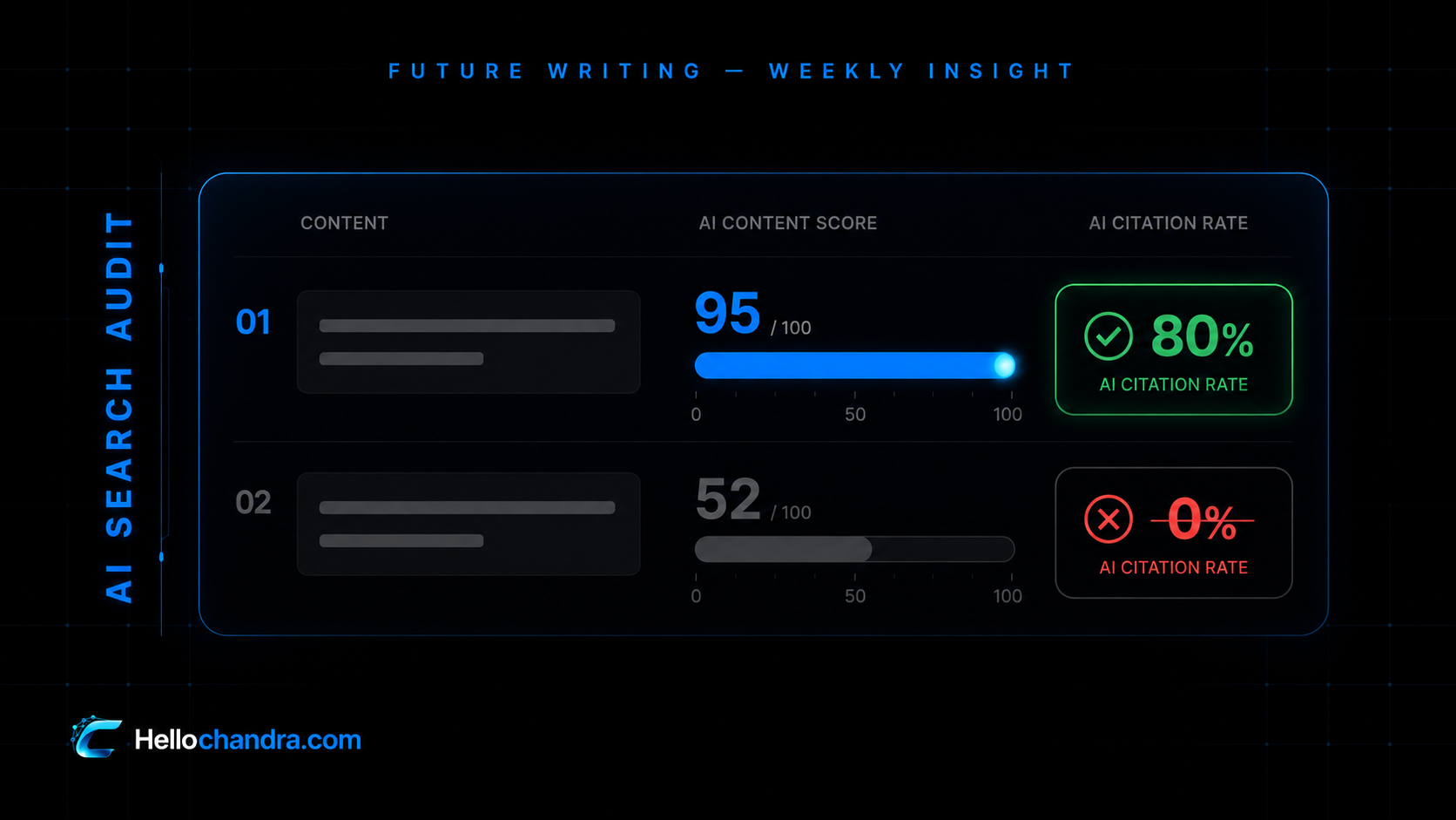 Chandra Purnama hellochandra AI Search Audit dashboard menunjukkan perbandingan AI Content Score dan AI Citation Rate konten brand tier-1 Indonesia