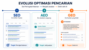 Perbedaan SEO AEO dan GEO sebagai tiga babak evolusi search optimization